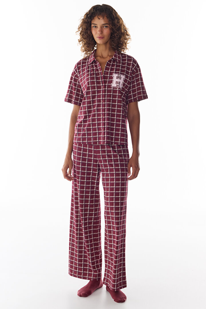 Burgundy Harvard Houndstooth Short Sleeve Shirt & Trouser Pyjama Set - 1