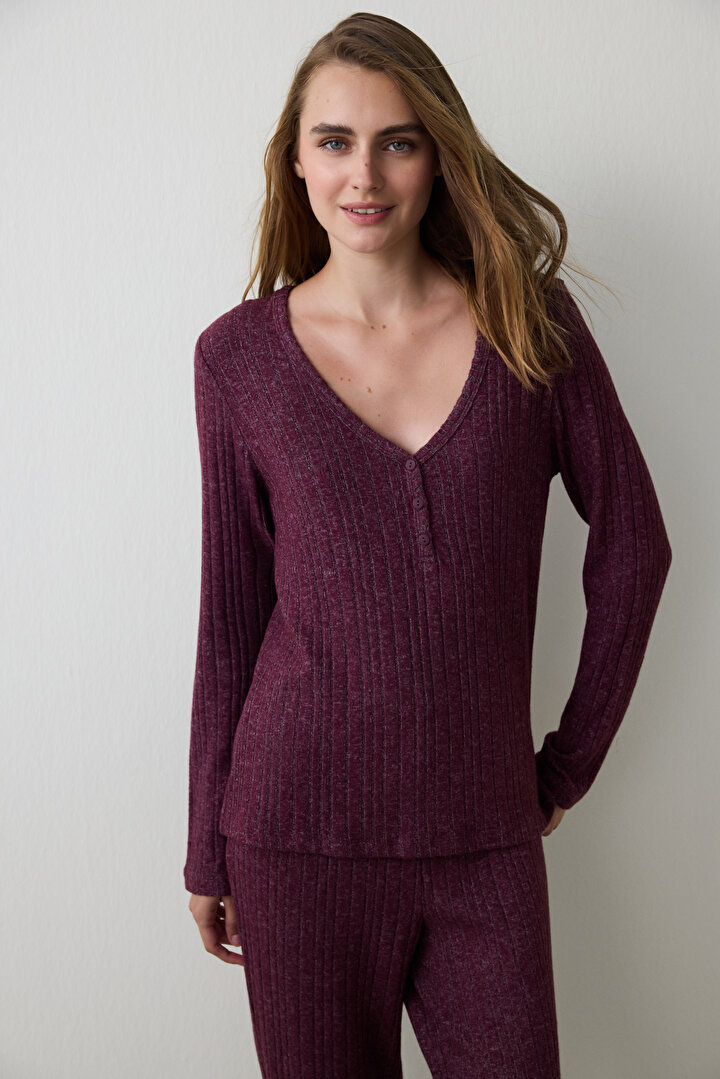 Bordo Cozy Time V Yaka Uzun Kollu Pijama Takımı - 2