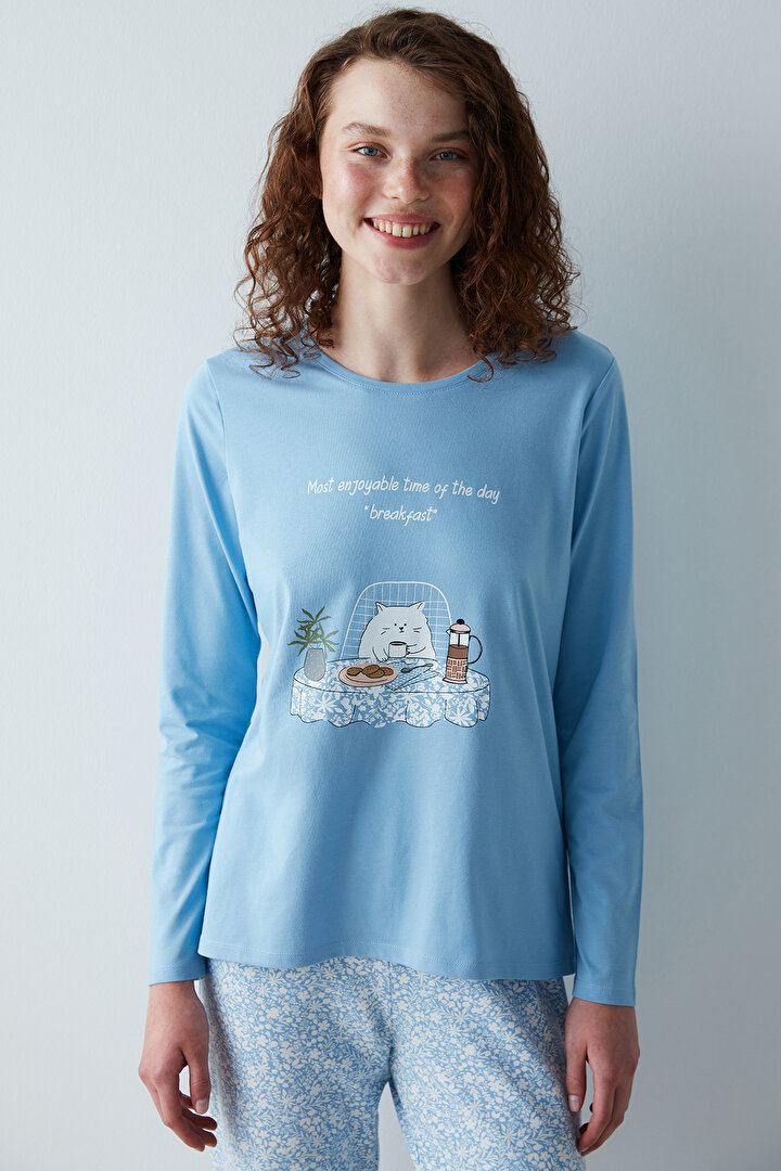 Kedi Baskılı Mavi Pijama Takımı - 2
