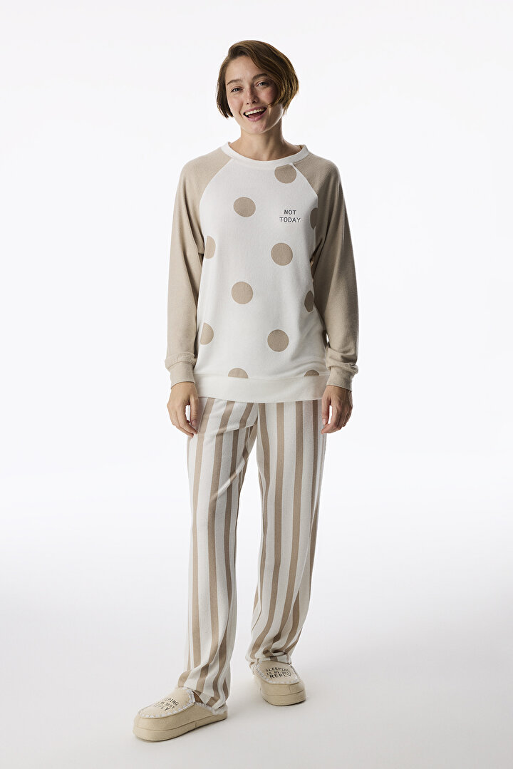 Beige Not Today Polka Dot Long Sleeve Pyjama Top - 1