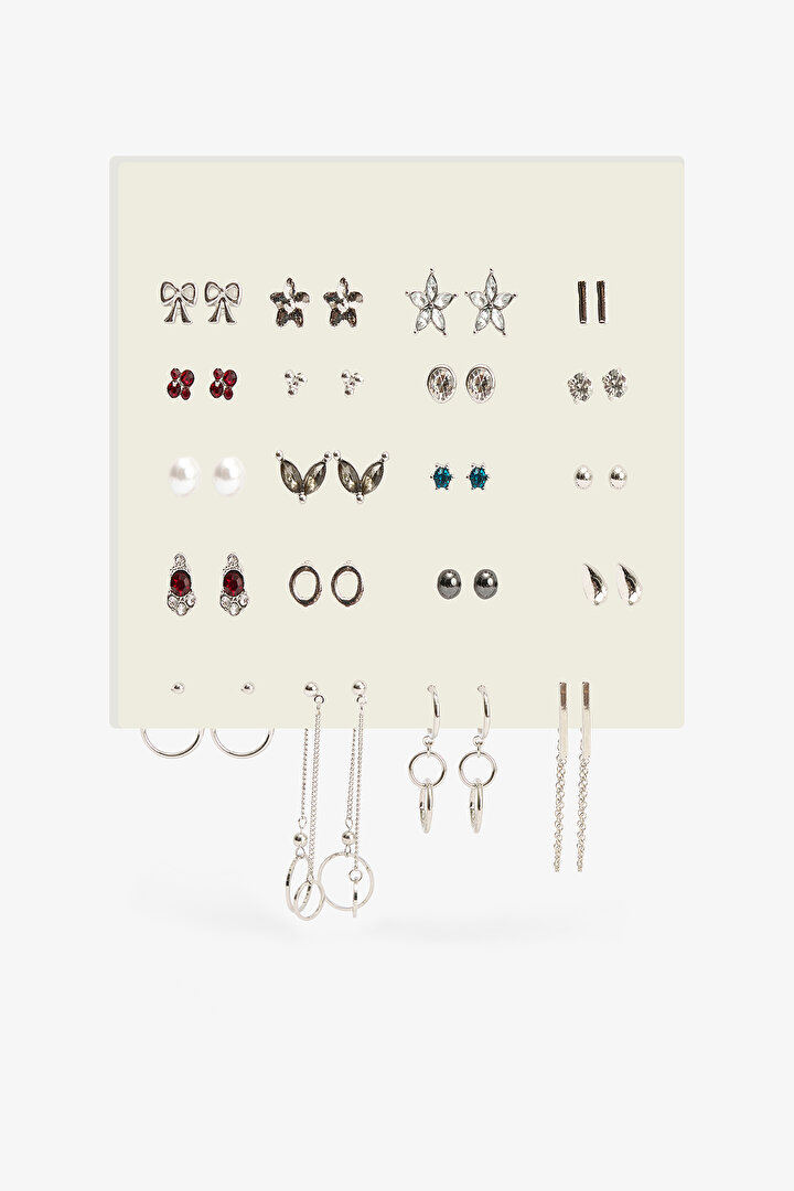 Gümüş Rengi - Antrasit Zoe 16'lı Küpe Seti - 1