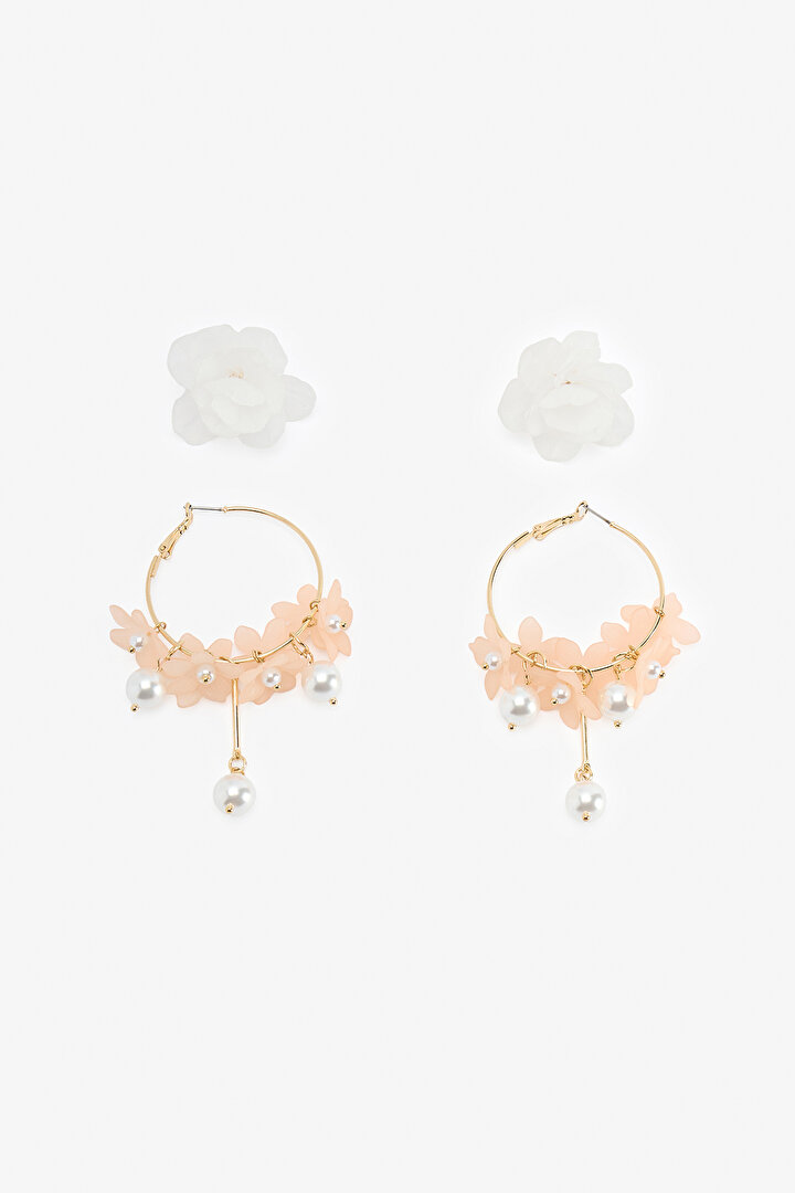 Beyaz - Pembe Floral Küpe Seti - 1