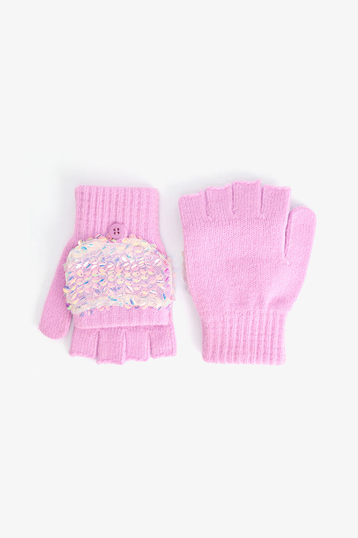 Pembe Kız Çocuk Payetli Eldiven - 1