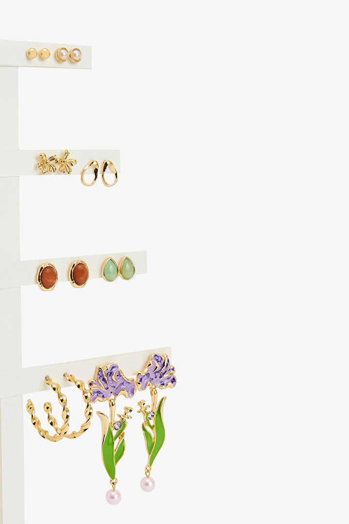 Gold Mix Flower Earring Set - 2