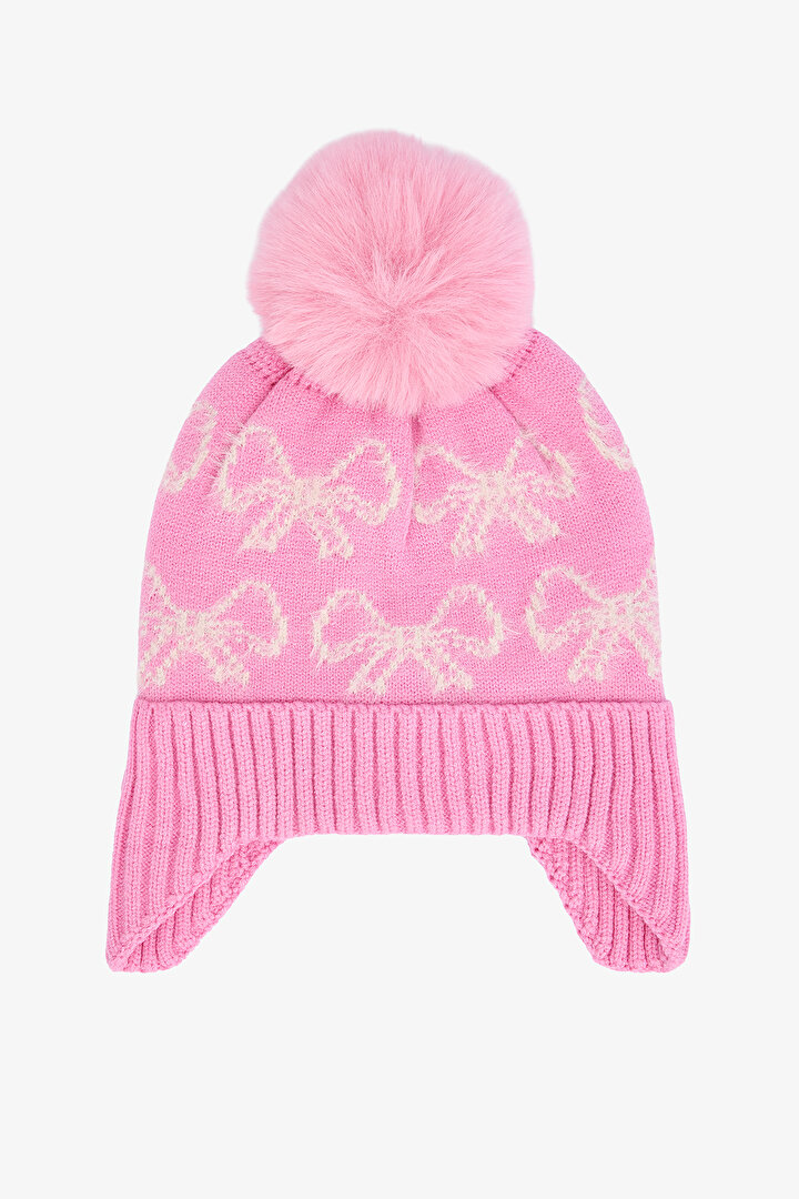 Pembe Kız Çocuk Çizgili Fiyonklu Bere - 1