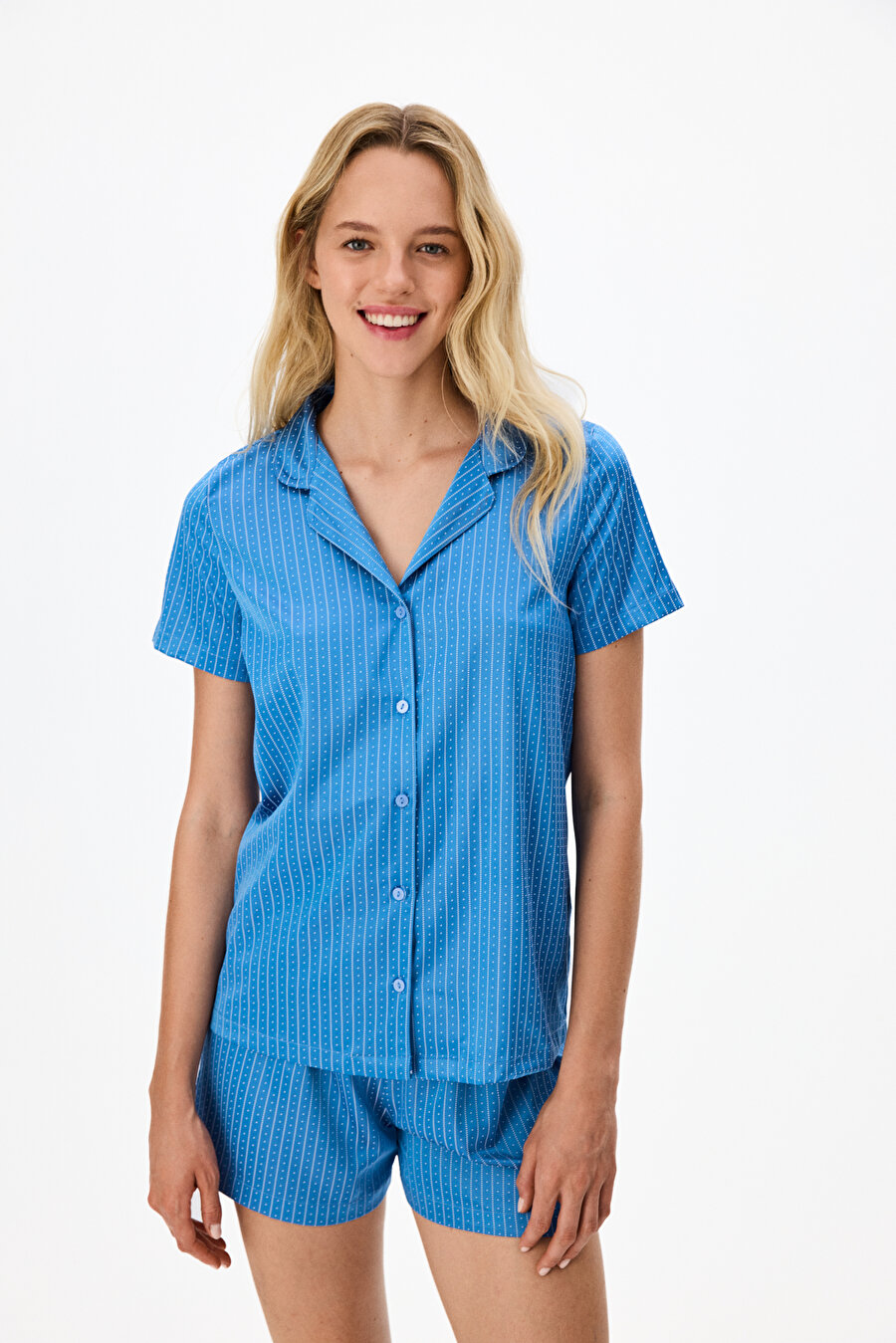 Mavi Skyline Saten Şort Pijama Takımı